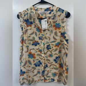 Promod Cream Floral Sleeveless Blouse with Blue & Orange Accents